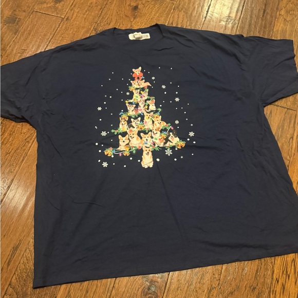 Corgi Christmas tree Navy Cotton T-Shirt - Picture 2 of 4